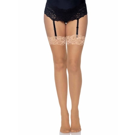 Leg Avenue Women’s Sheer Thigh Highs with Lace Top, Nude, Plus Size