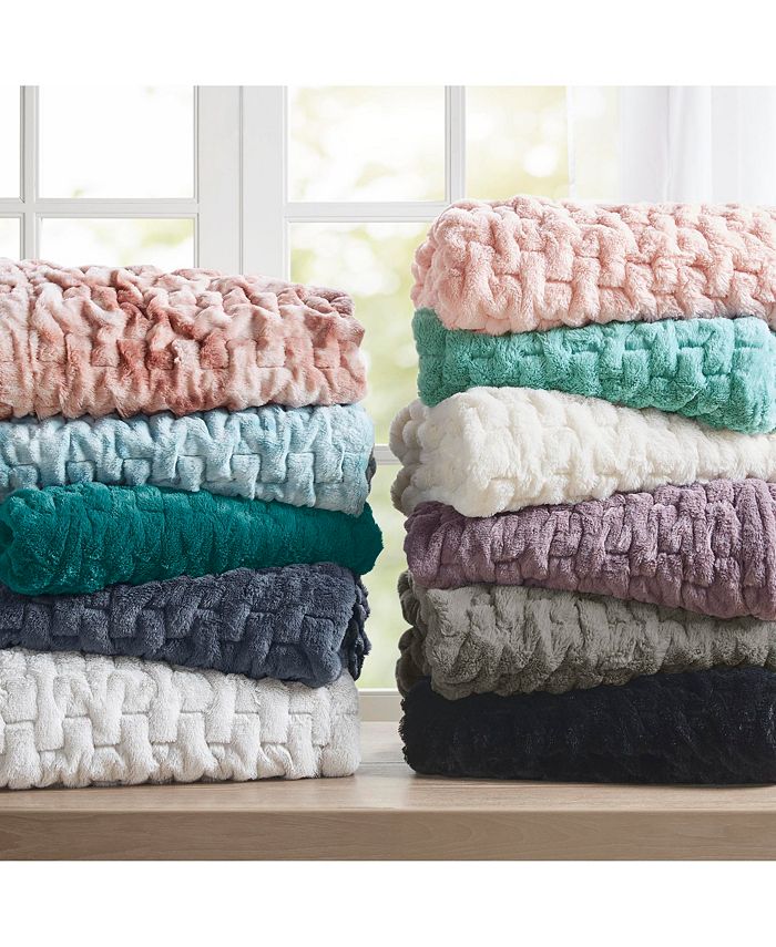 Madison Park Ruched Reversible Faux-Fur Throw, 50" x  60" - Purple - Throw