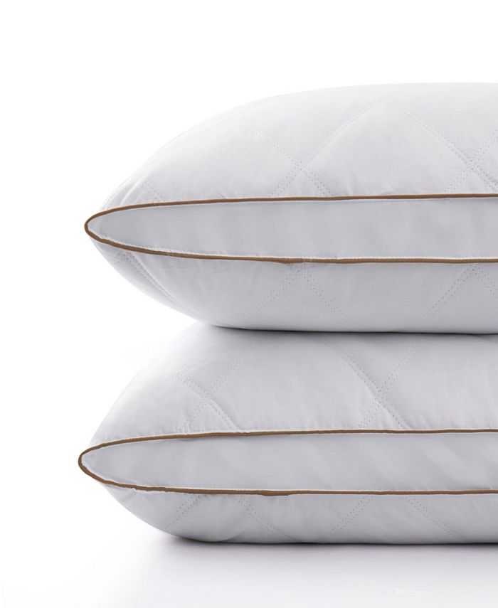 UNIKOME 2 Pack 100% Cotton Diamond Grid Medium Support Down Feather Gusseted Pillow Set, King - White - King