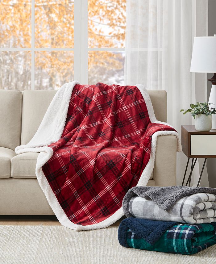 Charter Club Plaid Plush Reversible Sherpa Throw, 50" x 60", Created for Macy's - Gray - Throw
