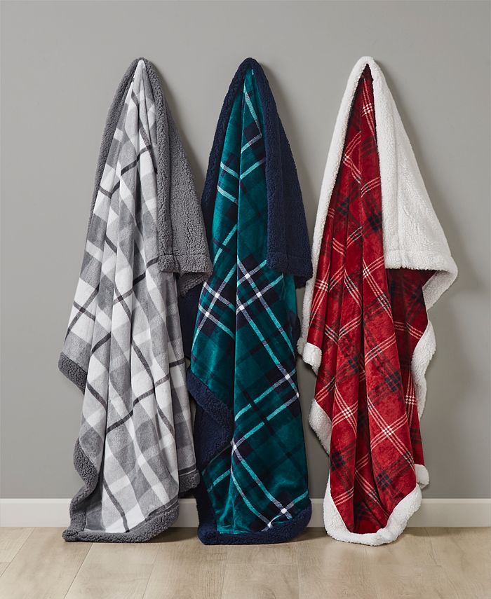 Charter Club Plaid Plush Reversible Sherpa Throw, 50" x 60", Created for Macy's - Gray - Throw