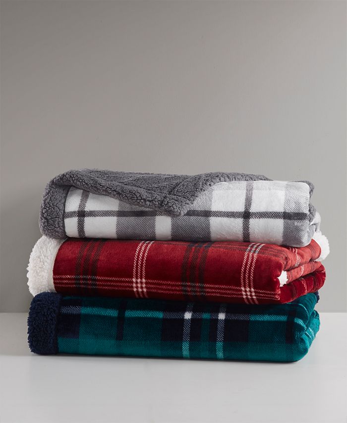 Charter Club Plaid Plush Reversible Sherpa Throw, 50" x 60", Created for Macy's - Gray - Throw