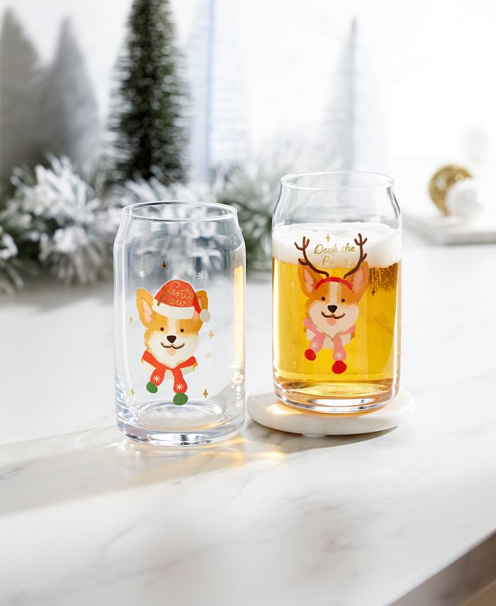 Cambridge 16 Oz Holiday Corgi Beer Can Cocktail Glasses, Set of 2 - Multi - NO SIZE