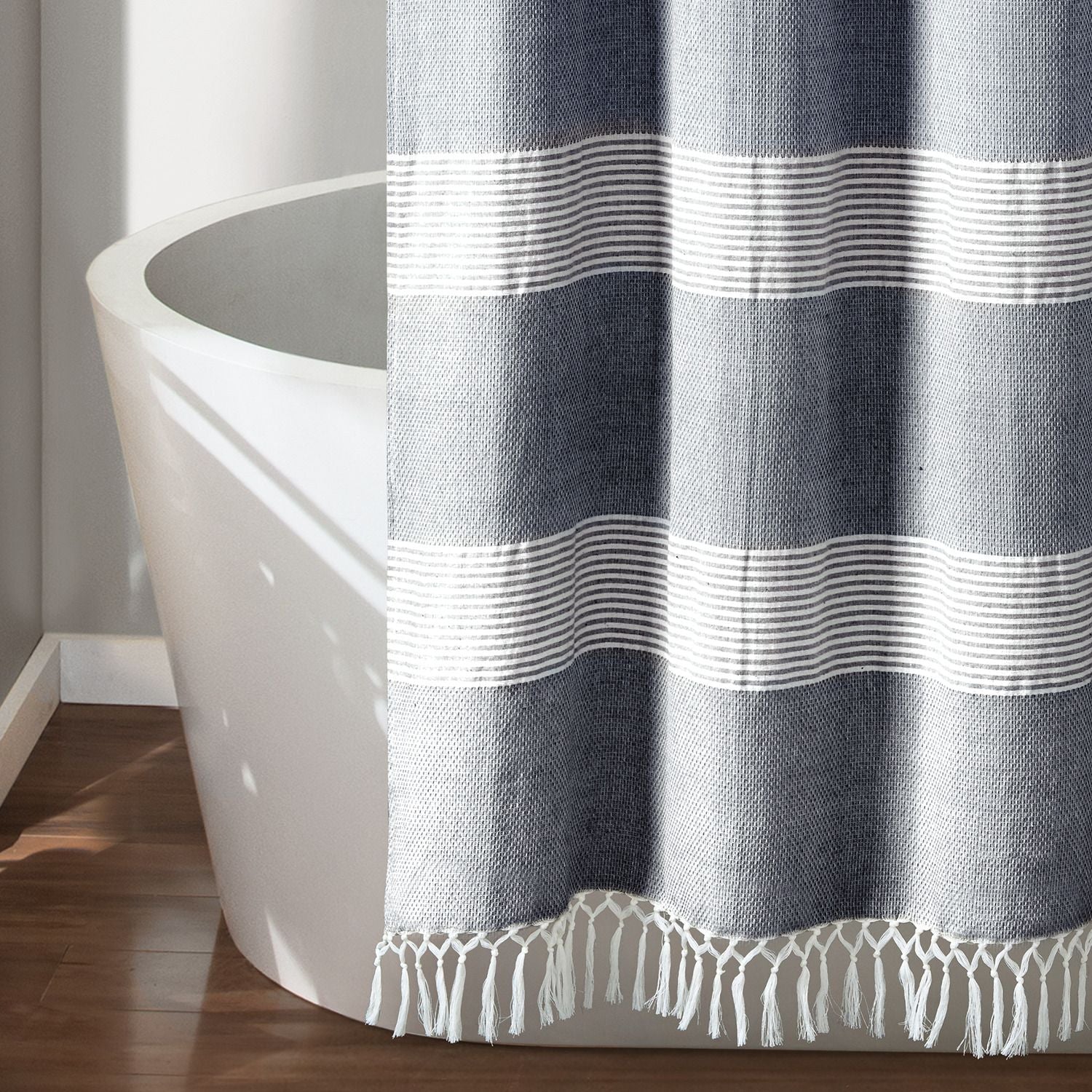 Lush Decor Tucker Stripe Yarn Dyed Cotton Knotted Tassel Shower Curtain