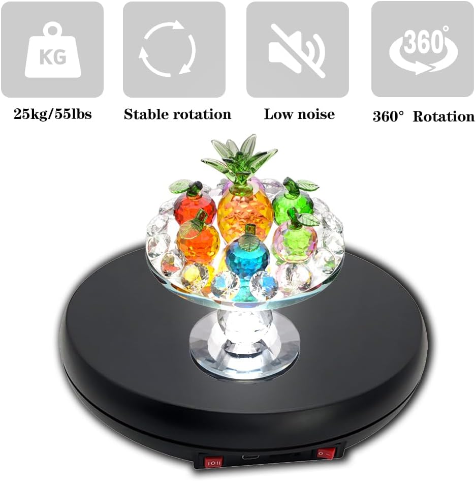 JAYEGT Motorized Rotating Display Stand with LED Light , 10 inch /55lbs Load, 360 Degree Electronic Photography Turntable for Product Show, Jewelry, Crystal Art (Black / 5 Colors LED Light /Rechargeable - Open Box
