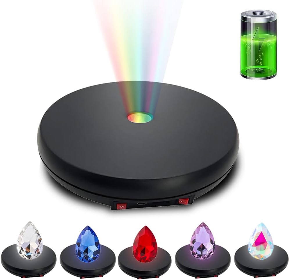 JAYEGT Motorized Rotating Display Stand with LED Light , 10 inch /55lbs Load, 360 Degree Electronic Photography Turntable for Product Show, Jewelry, Crystal Art (Black / 5 Colors LED Light /Rechargeable - Open Box