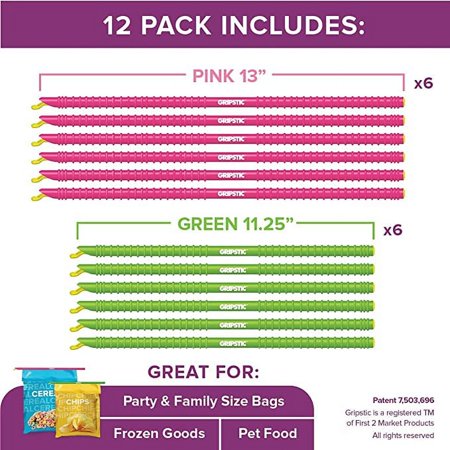 GRIPSTIC® 12-pack XLarge Bag Sealers, 11.25" Green and 13" Pink,  - Open Box