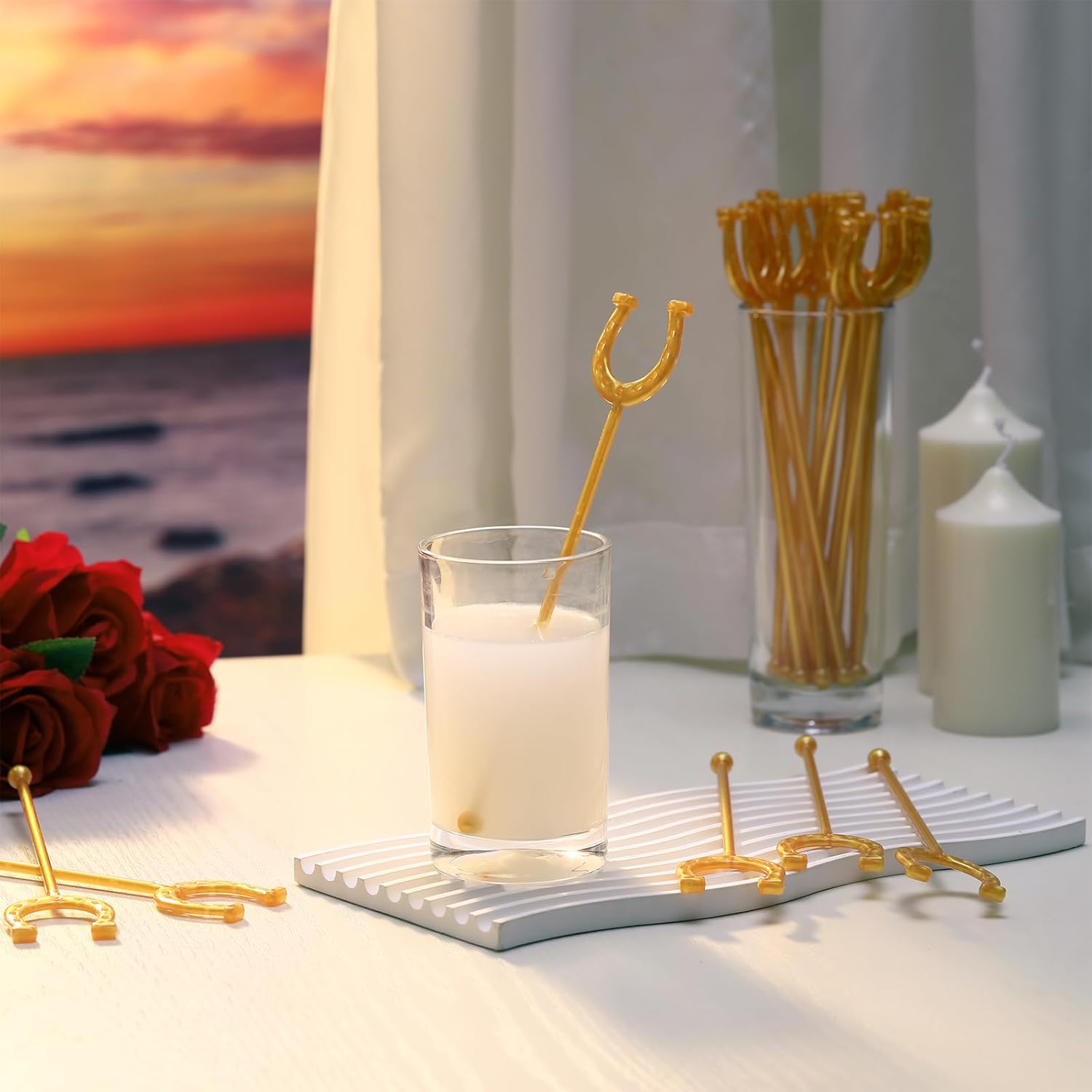 6 Inch Derby Drink Plastic Stirrers Swizzle Sticks for Cocktails Coffee Reusable U Shaped Horseshoe Drink Stirrers for Coffee Beverage Party Bar Weddings Events(Gold,30 Pcs) - Open Box