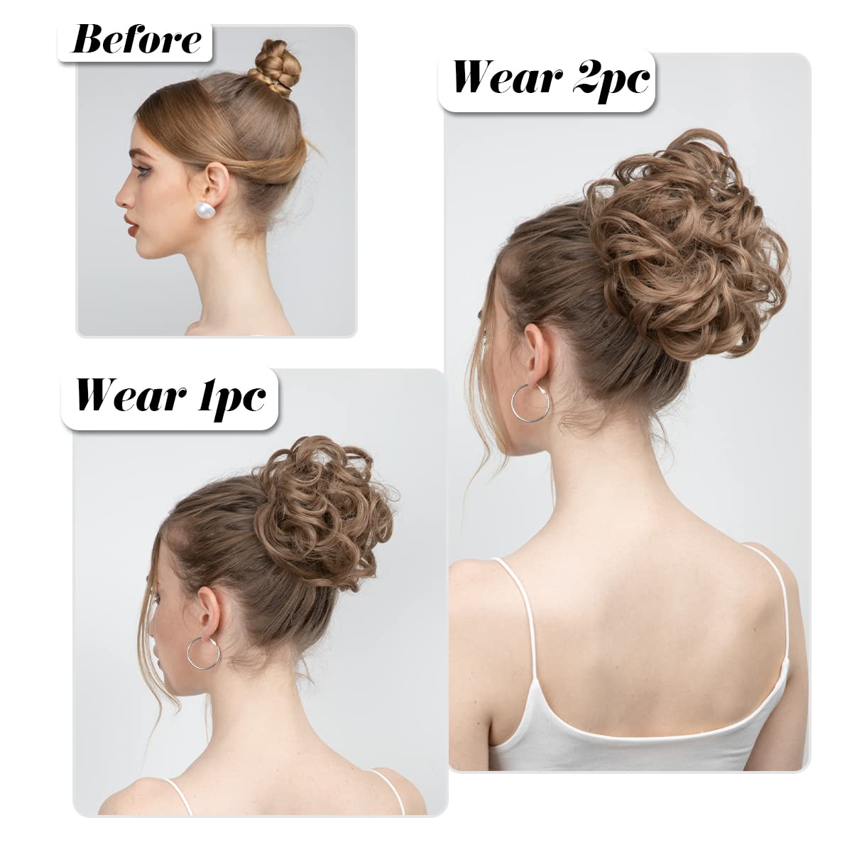 SARLA 2PCS Messy Hair Bun Hair Pieces Wavy Curly Synthetic Updo Fake Scrunchies Ponytail Extension for Women Black Brown - Open Box
