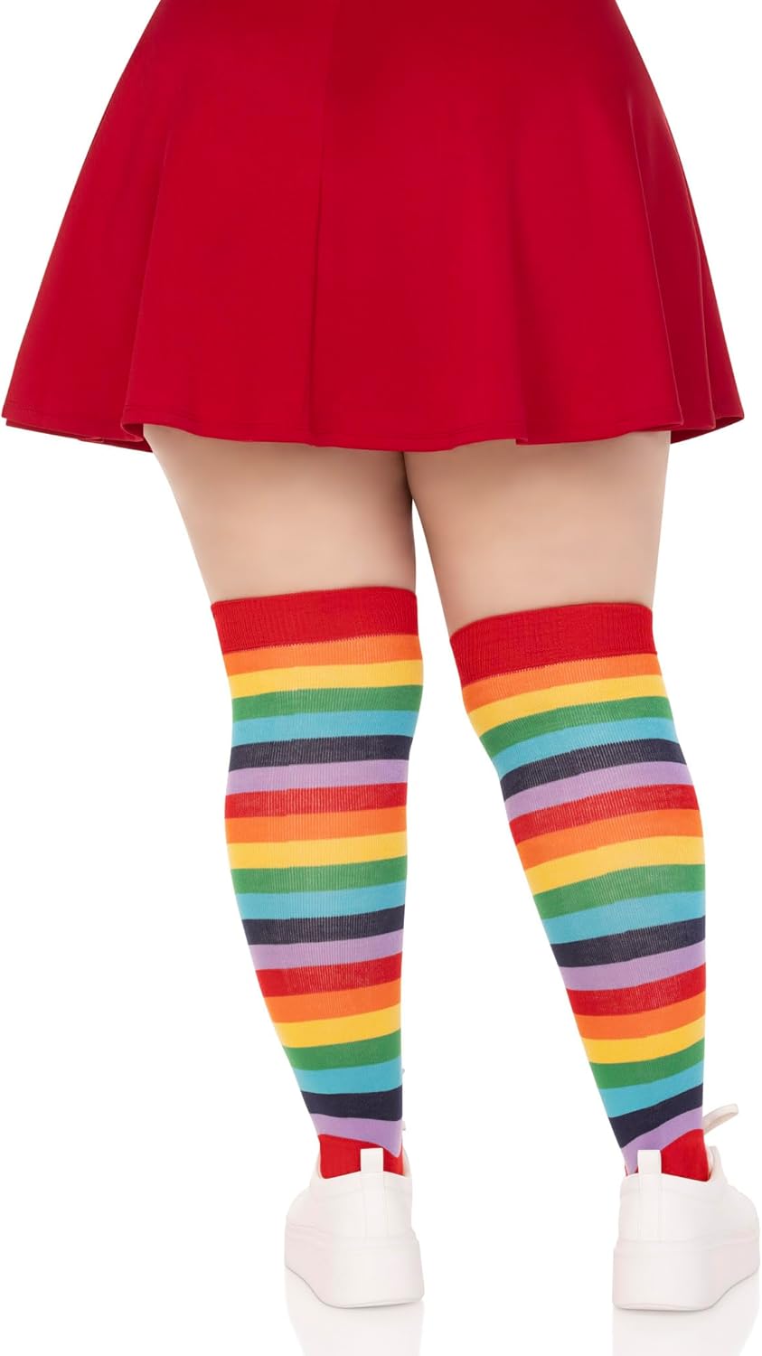 Leg Avenue Spandex acrylic rainbow striped thigh highs, 1X-2X, MULTICOLOR