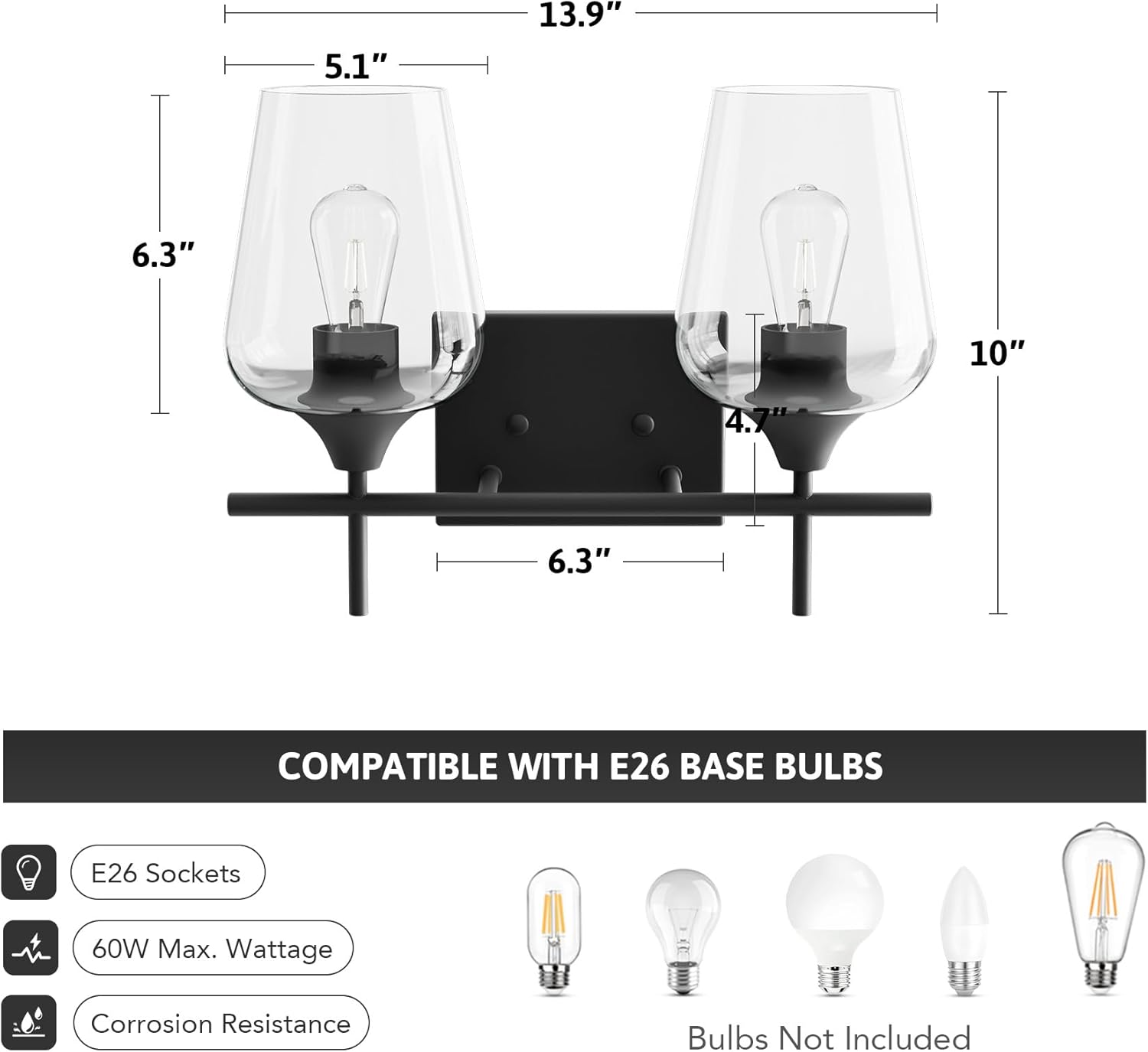 VONLUCE Bathroom Vanity Light, 2 Light Bathroom Light Fixture Over Mirror, Bathroom Wall Lamp with Clear Glass, Modern Black Vanity Lighting fixtures for Bathroom, Bedroom, Hallway - Open Box
