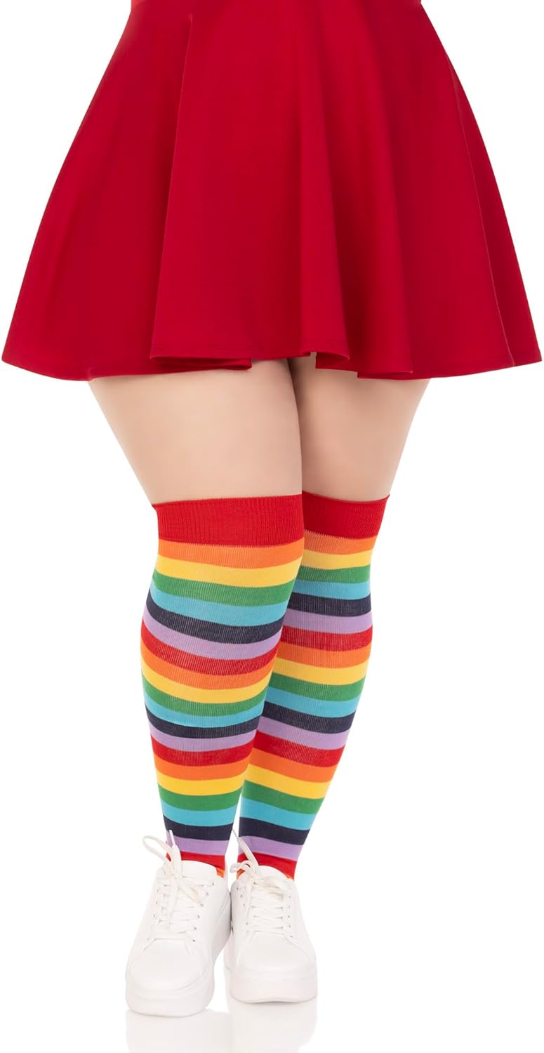 Leg Avenue Spandex acrylic rainbow striped thigh highs, 1X-2X, MULTICOLOR