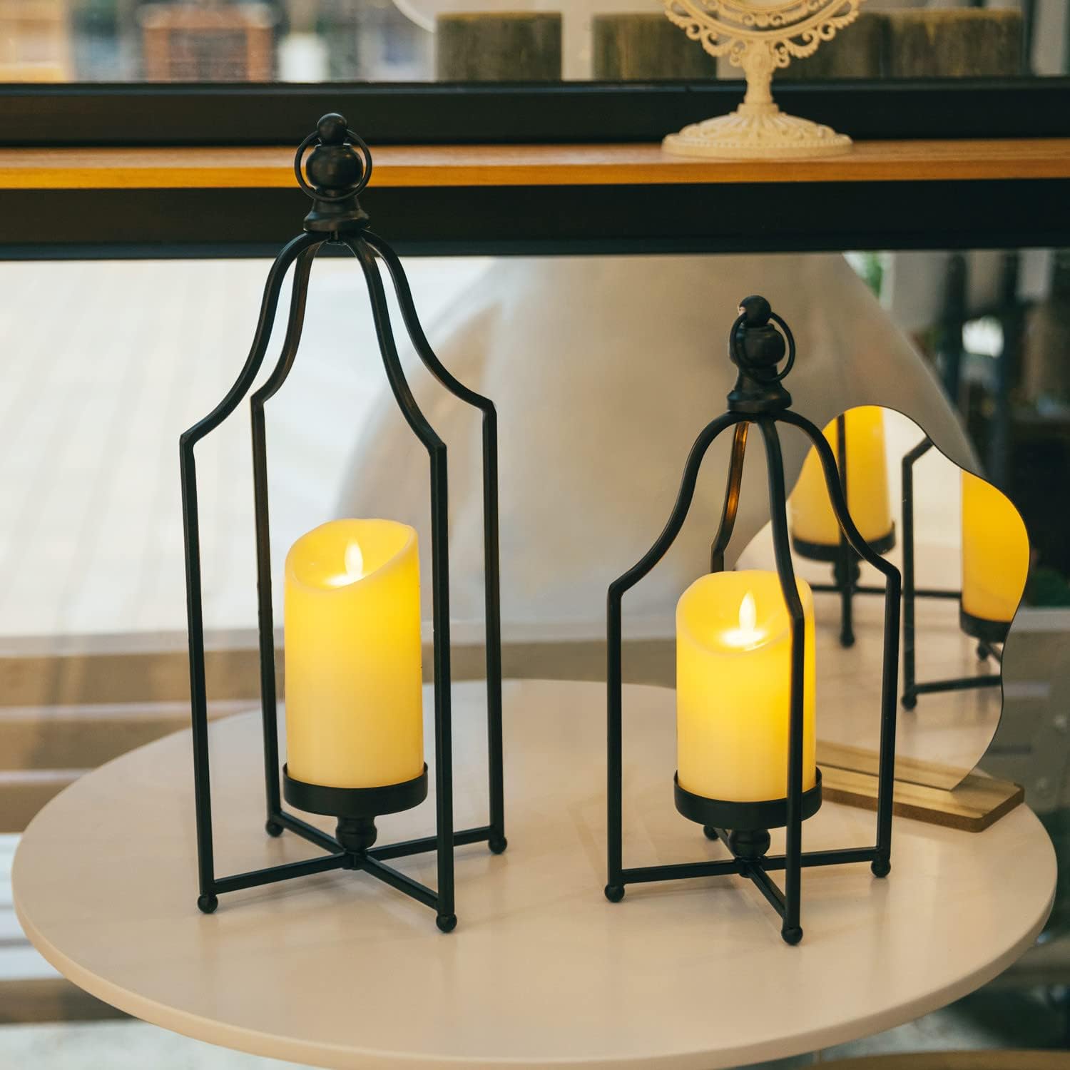 HPC Decor Lanterns Decorative for Home Decor- 18'' 14.5'' Black Metal Candle Lanterns Set of 2- Modern Farmhouse Lantern Decor for Outdoor, Indoor, Living Room, Dining Table or Fireplace Mantle Decor - Open Box