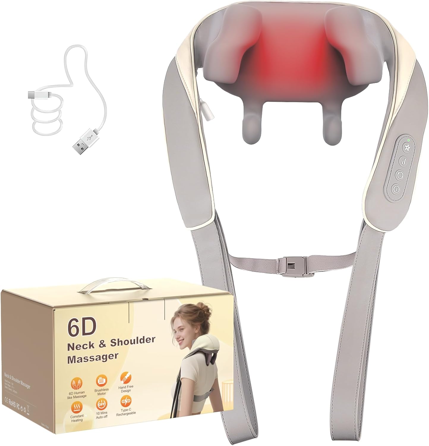 Neck and Shoulder Massager, Brushless Neck Massager with Heat, 10 Mins Auto-Off, 2 Modes & 3 Speeds, Ideal Gift for Friends Family Lover (Khaki)