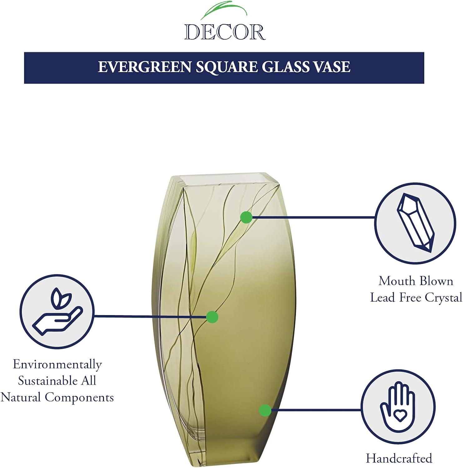 Badash Evergreen Square Glass Vase - 12.5" Tall Glass Vase for Flowers, Centerpieces & Decorative Home Decor - European Mouth-Blown Glass Hand-Decorated Design