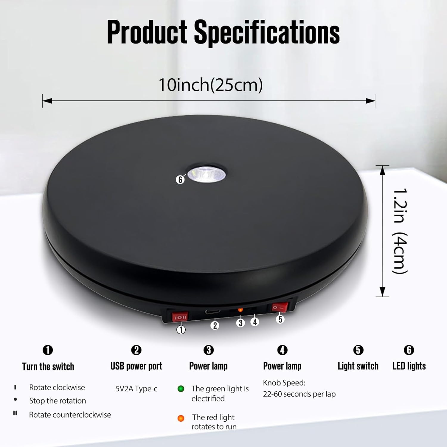 JAYEGT Motorized Rotating Display Stand with LED Light , 10 inch /55lbs Load, 360 Degree Electronic Photography Turntable for Product Show, Jewelry, Crystal Art (Black / 5 Colors LED Light /Rechargeable - Open Box