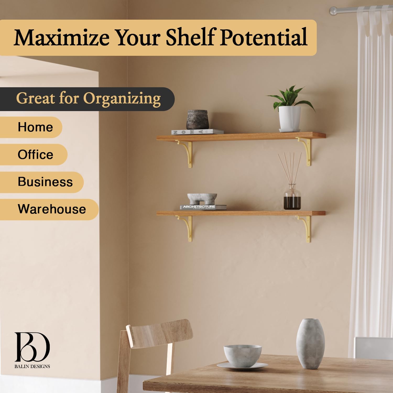 Classic Brass Heavy Duty Shelf Brackets 12 inch by Balin Designs – Gold L Bracket, Wall Mounted Support, Shelving Metal Bracket, Decorative Shelf Brackets, with Hardware Included, Set of 2  - Open Box
