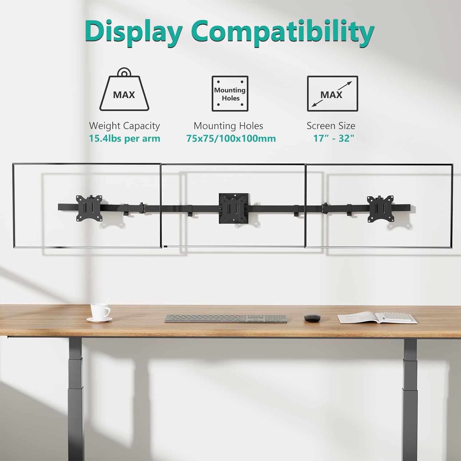 WALI Triple Monitor Wall Mount for 17 to 32 Inch, Computer Monitor Arm for 3 Screens, Swivel Tilt Wall Mount with Mounting Holes 75x75/100x100mm, Per Arm Holds Up to 15.4lbs (013ARM), Black - Open Box