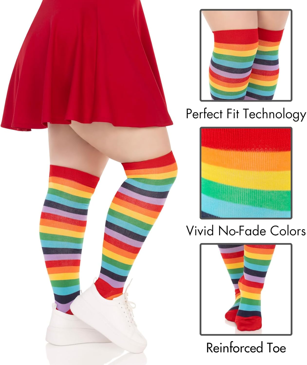 Leg Avenue Spandex acrylic rainbow striped thigh highs, 1X-2X, MULTICOLOR