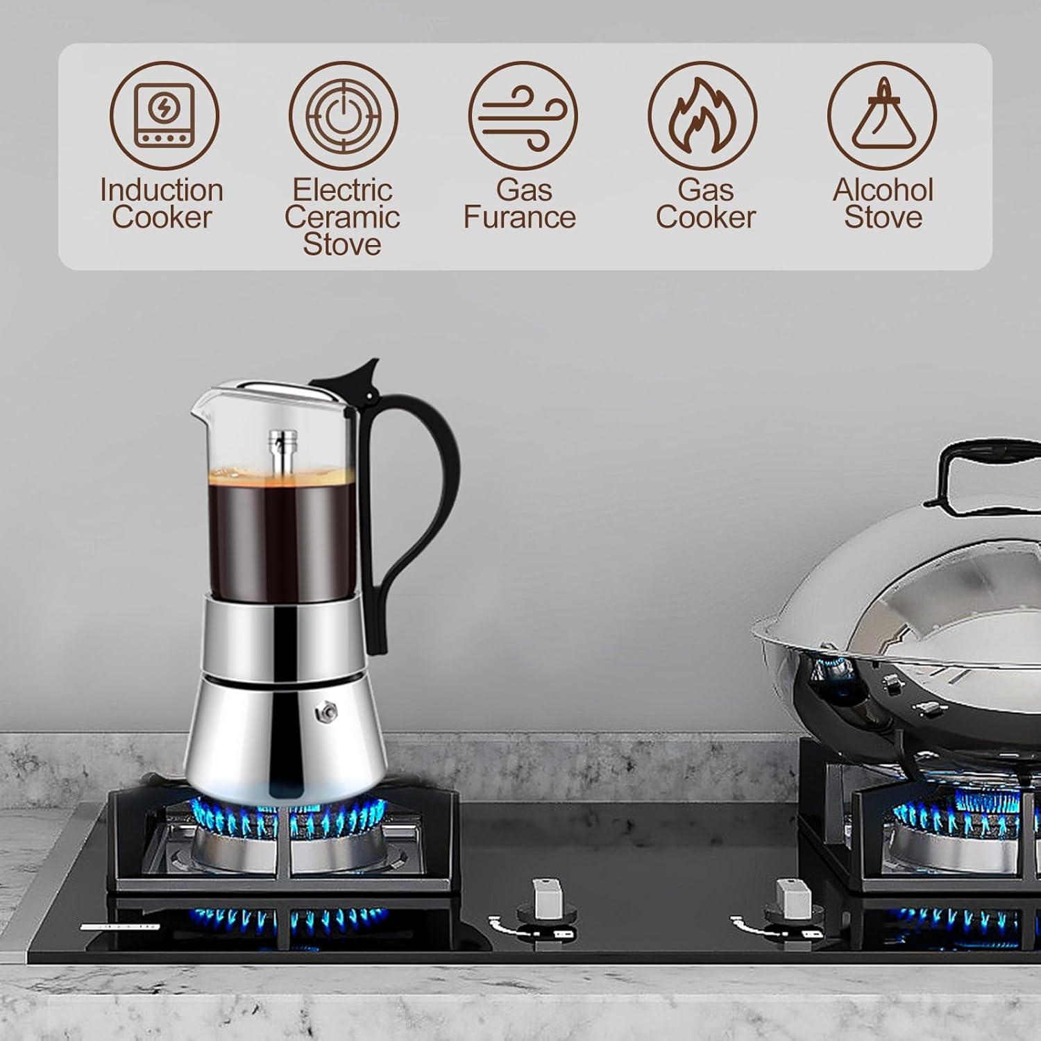 4 Cup Glass Transparent Moka Pot Stainless Steel Uncoated Stovetop Espresso Maker Italian Coffee Makers Mocha Greca Machine Cafe Classic Induction Cookers for Home Camping 220ml