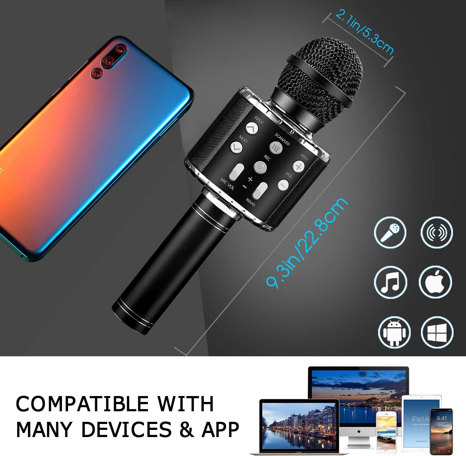 BlueFire 4 in 1 Karaoke Wireless Microphone with LED Lights, Portable Microphone for Kids, Great Gifts Toys for Kids, Girls, Boys and Adults (Black) - Open Box