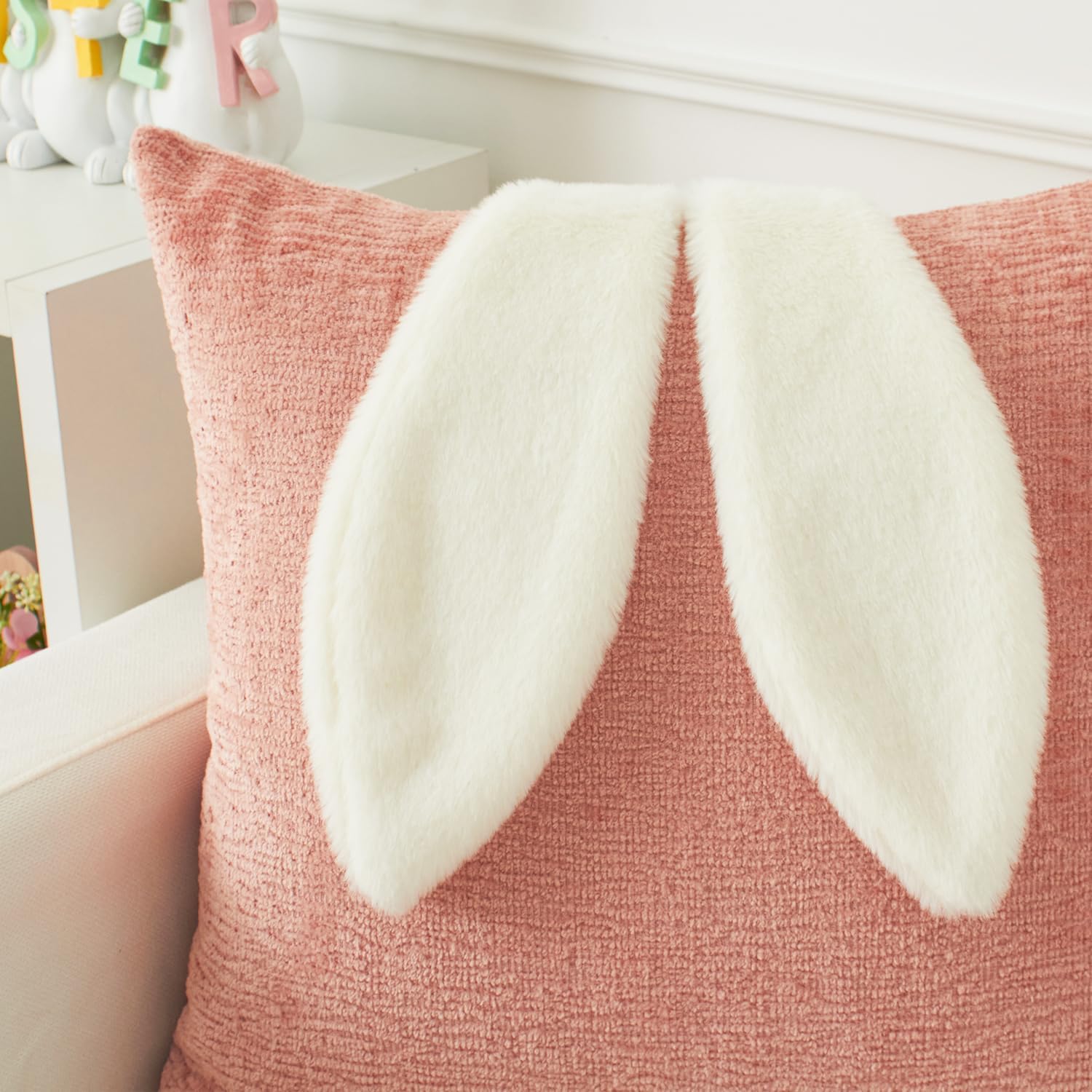 Kevin Textile Cute Bunny Rabbit Ears Pillow Covers 18 x 18 Inch Pack of 1 Soft Chenille Throw Pillowcase for Kids Girls Women Birthday Couch Soft Bedroom Decorations Pink