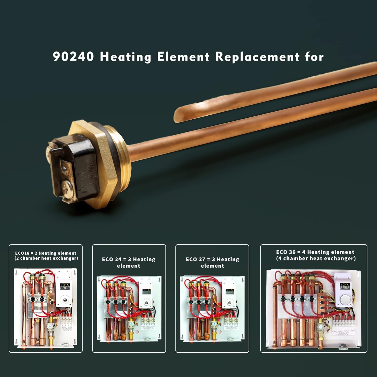 HE 90240 Heating Element, 3 Pack Replacement for EcoSmart ECO 18 27 36, 9KW 240V Heating Element for Electric Tankless Water Heaters, Screw-In, Copper - Open Box