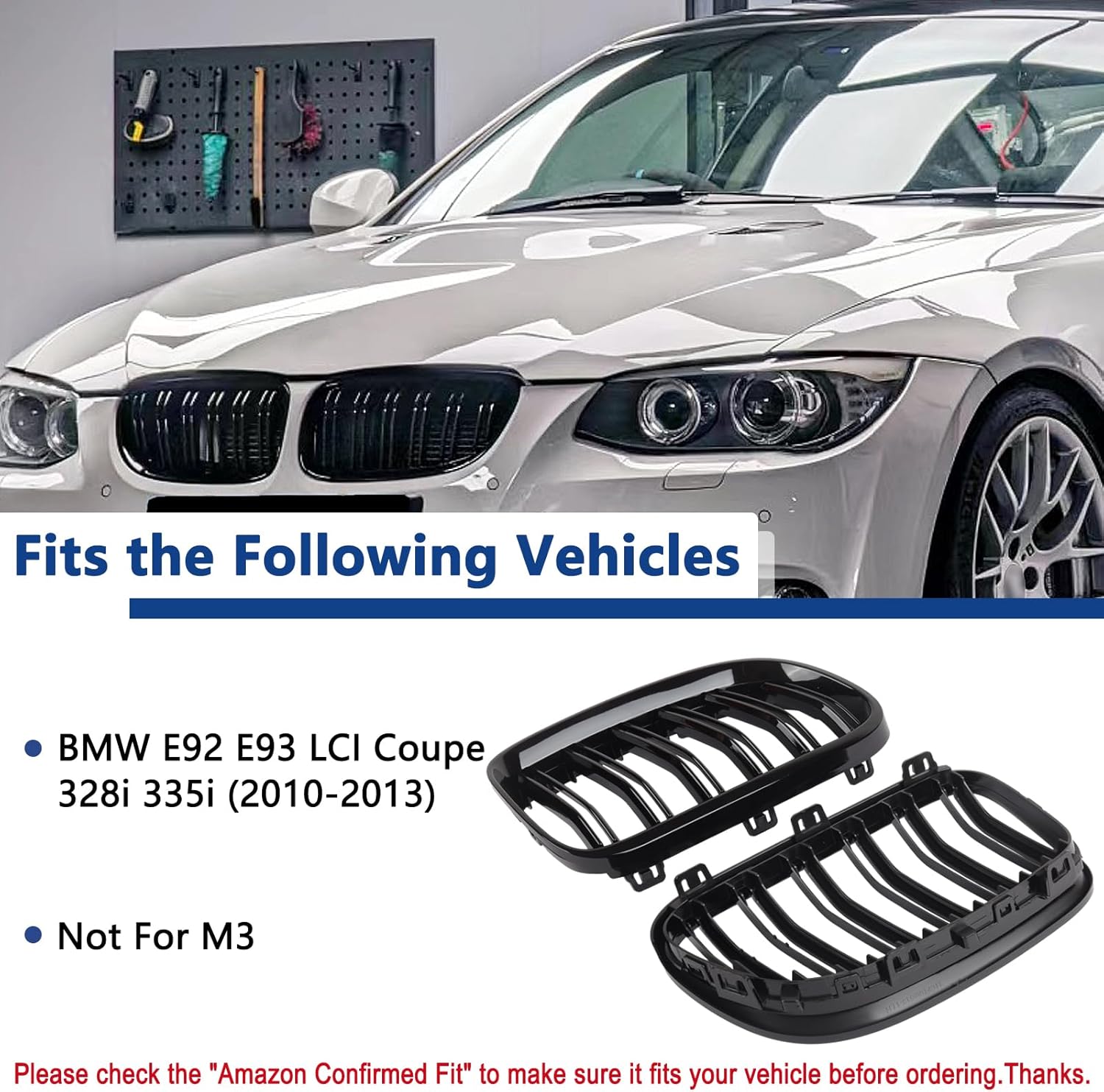 E92 Grille, Black Kidney Grill Compatible with BMW 3 Series 2010-2013 E92 E93 LCI Coupe (Not For M3) - Open Box