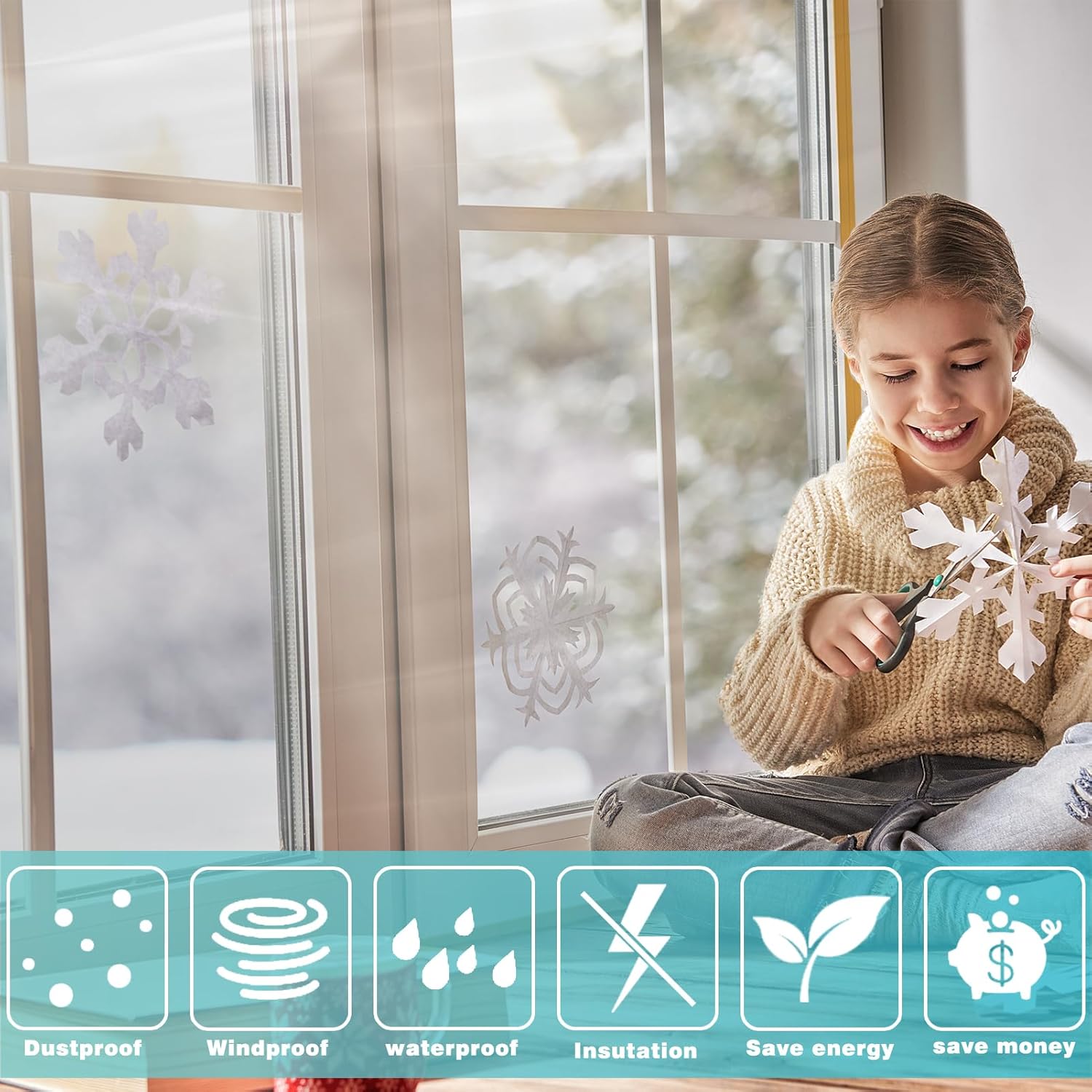 63'' x 197'' Window Insulation Kit, POF Window Sealer for Winter, with PET Double-Sided Tape, Insulates 5 Standard Indoor Windows Keep Warm for Weatherproofing Window Film for Winter-1PCS- Open Box