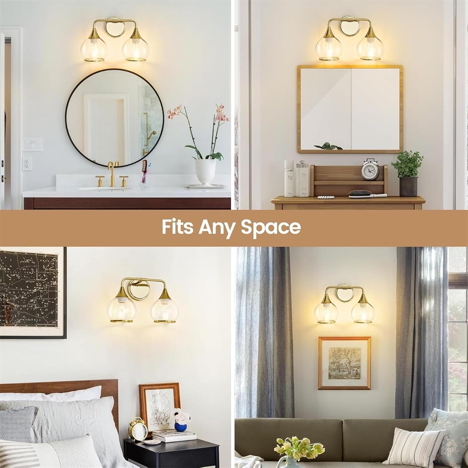 SILAMPDI Gold Bathroom Light Fixtures 2-Lights Vanity Lights with Clear Glass Shade Bathroom Vanity Light 14 Inch Wall Sconces for Mirror Bedroom Living Room Hallway (Exclude E26 Bulb) - Open Box