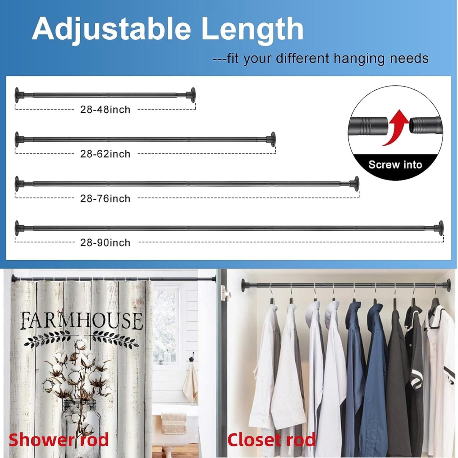 Heavy Duty Shower Rod - Industrial Shower Curtain Rod Wall Mounted for Bathroom,Room Divider,Outdoor Patio - 28 to 62"Adjustable Closet Rod for Hanging Clothes,Black  - Open Box