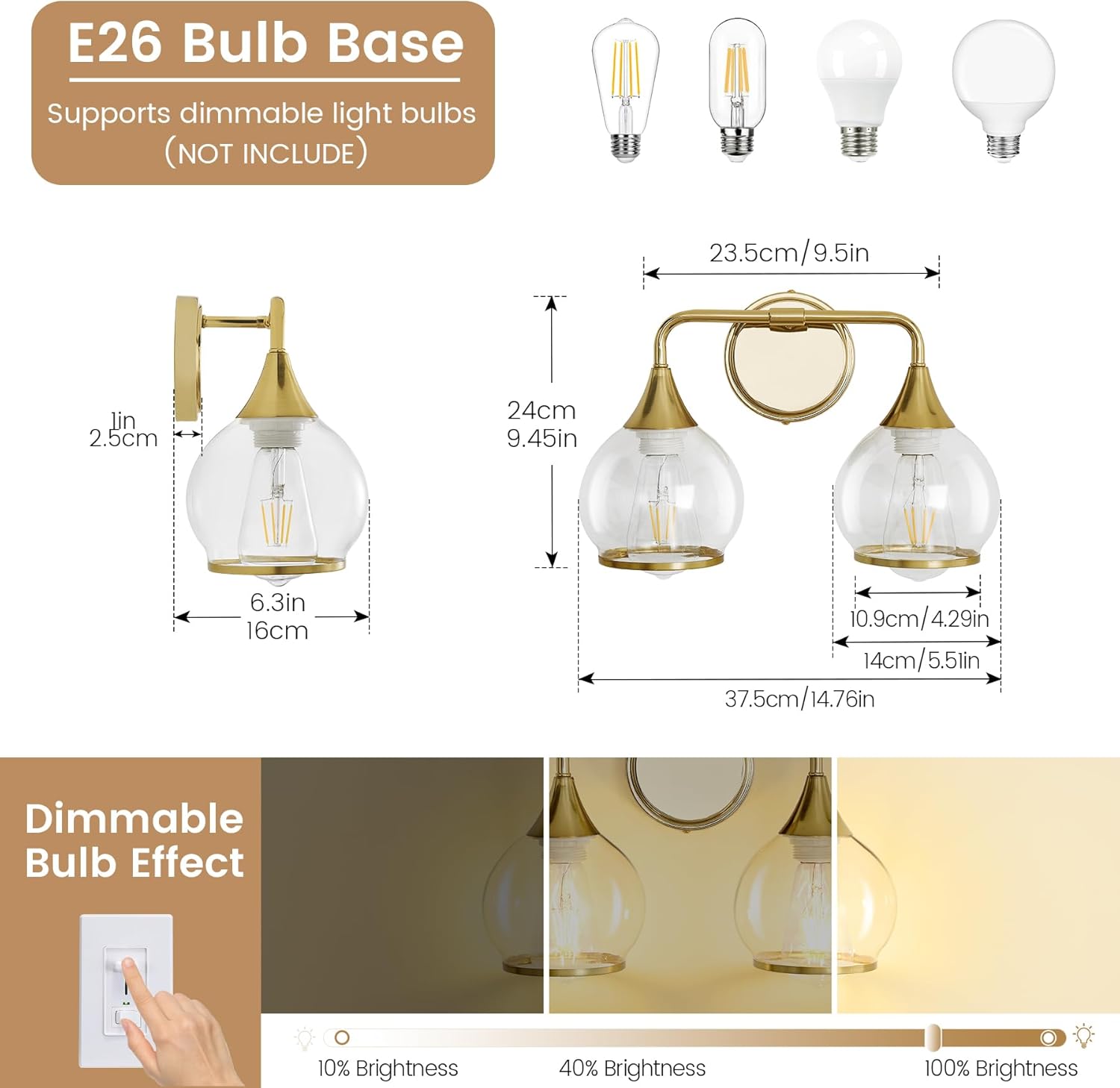 SILAMPDI Gold Bathroom Light Fixtures 2-Lights Vanity Lights with Clear Glass Shade Bathroom Vanity Light 14 Inch Wall Sconces for Mirror Bedroom Living Room Hallway (Exclude E26 Bulb) - Open Box