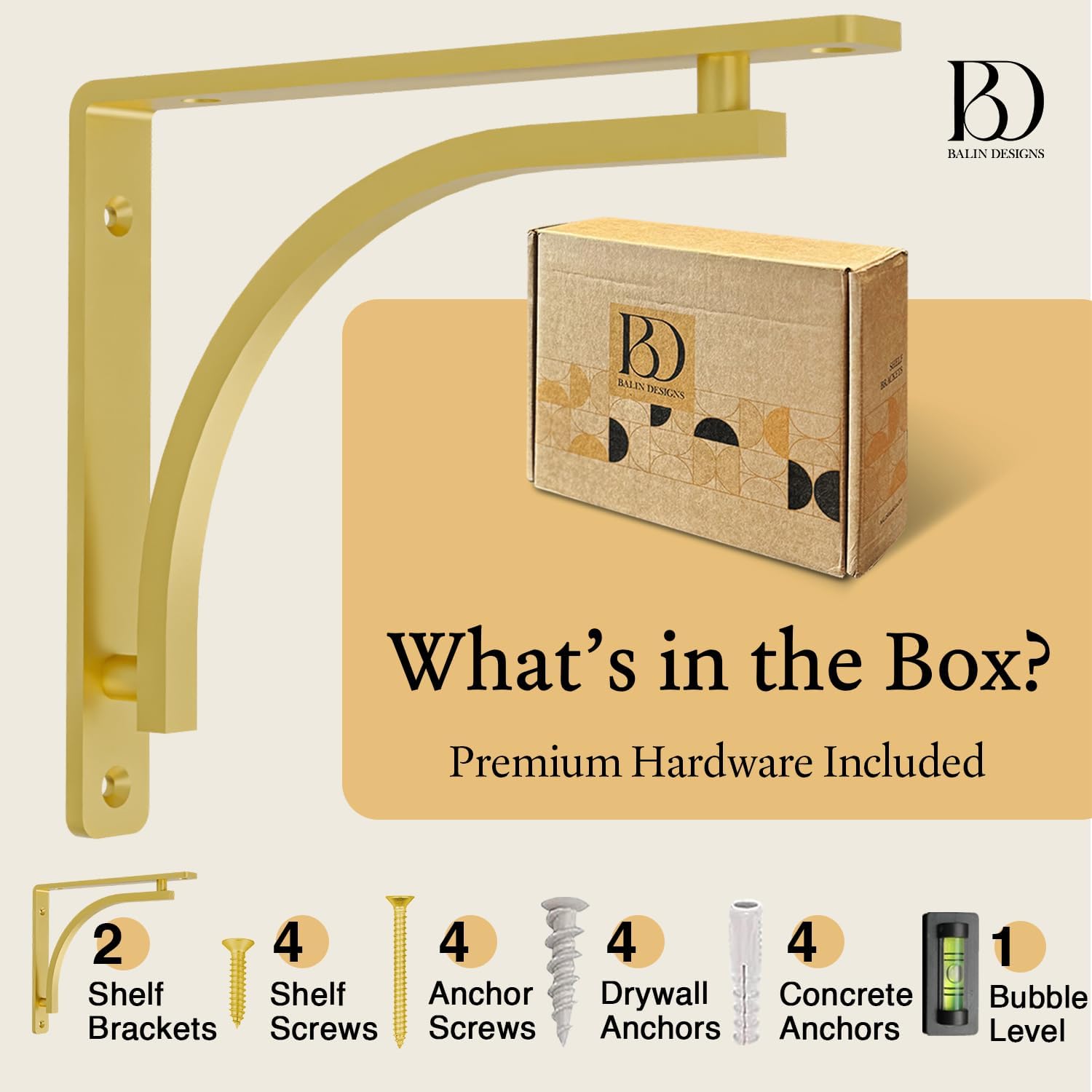 Classic Brass Heavy Duty Shelf Brackets 12 inch by Balin Designs – Gold L Bracket, Wall Mounted Support, Shelving Metal Bracket, Decorative Shelf Brackets, with Hardware Included, Set of 2  - Open Box