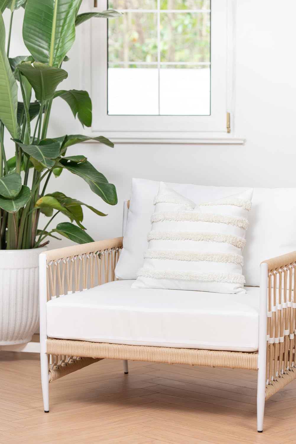 Hofdeco Premium Coastal Patio Tufted Indoor Outdoor Throw Pillow Cover Only, 18"x18" Water Resistant for Backyard, Couch, White Fluffy Stripes