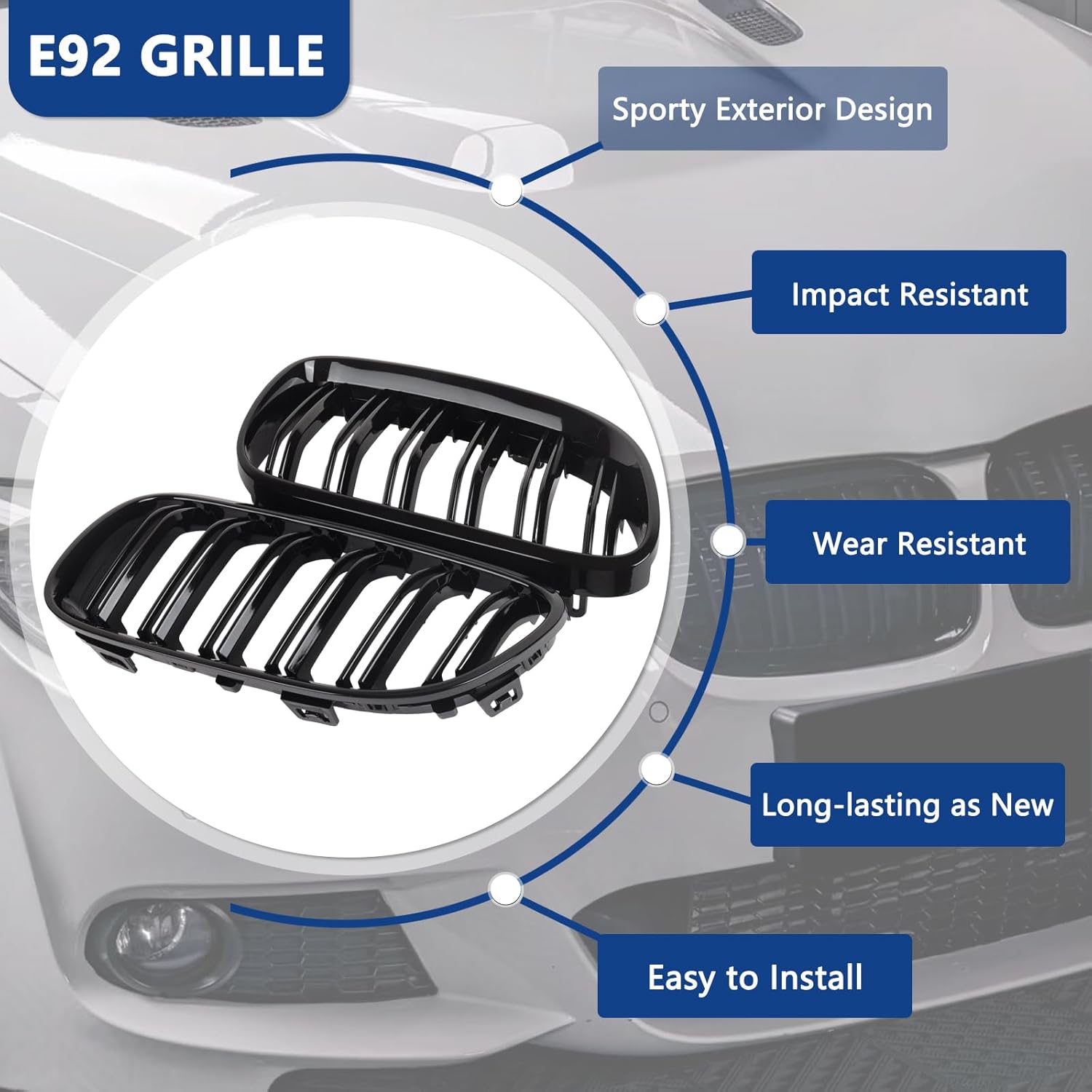 E92 Grille, Black Kidney Grill Compatible with BMW 3 Series 2010-2013 E92 E93 LCI Coupe (Not For M3) - Open Box