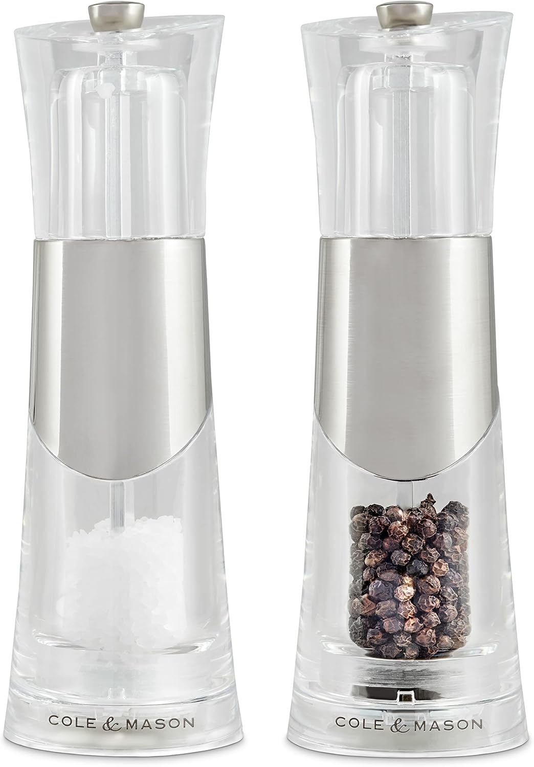Cole & Mason Bobbi Salt and Pepper Mills, Precision+, Chrome/Acrylic, 185 mm, Gift Set, Includes 2 x Salt and Pepper Grinders