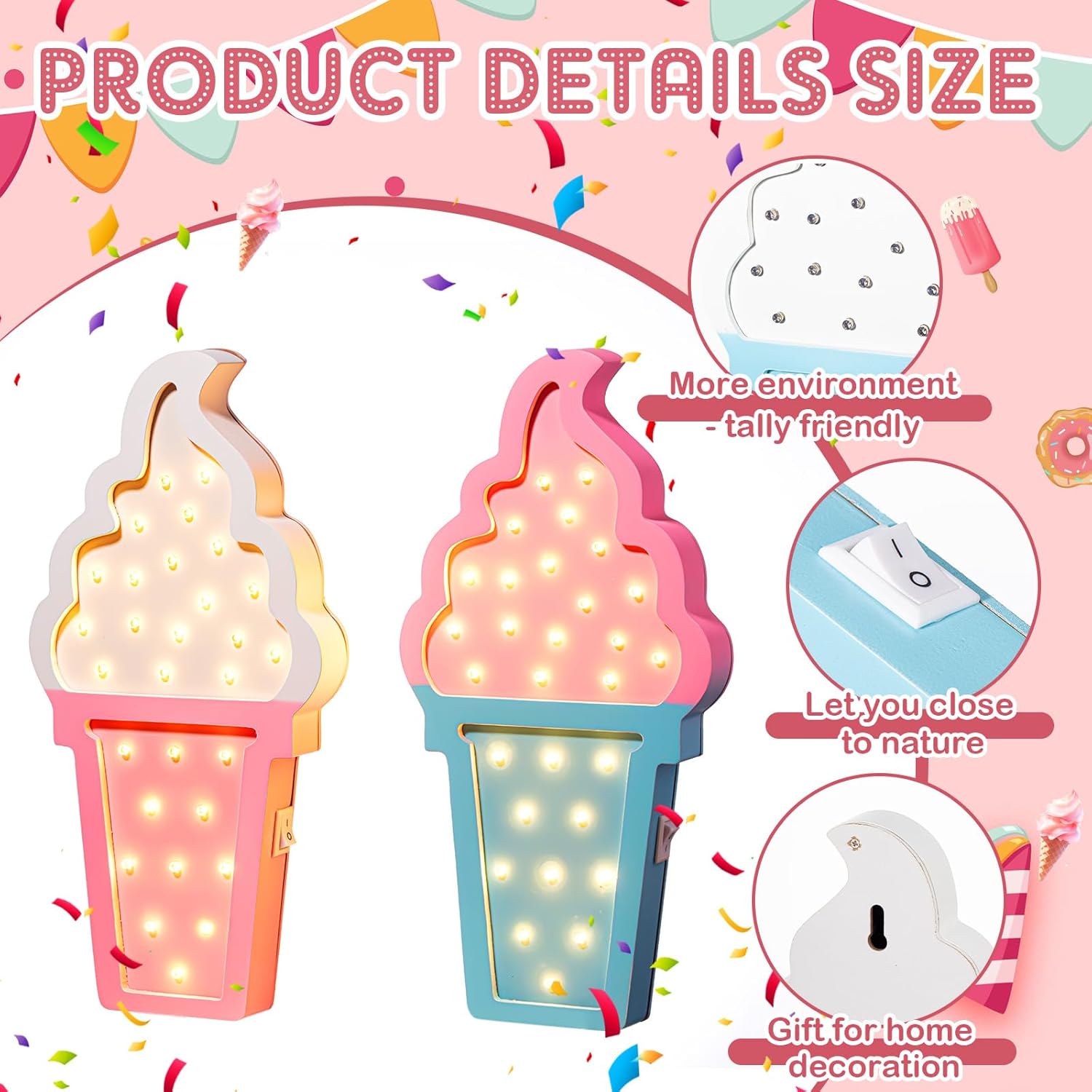 4 Pcs Ice Cream Night Party Decorations LED Lights, Wooden Wall Decor for Baby Showers, Ice Cream Truck Parties, Summer Birthday & Romantic Atmosphere Battery Operated Lamp Set - Open Box