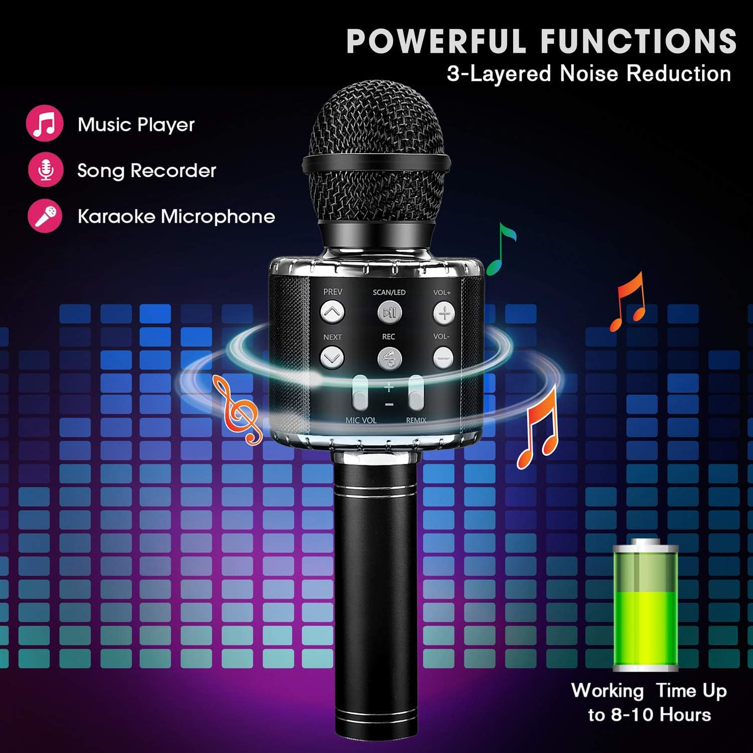 BlueFire 4 in 1 Karaoke Wireless Microphone with LED Lights, Portable Microphone for Kids, Great Gifts Toys for Kids, Girls, Boys and Adults (Black) - Open Box