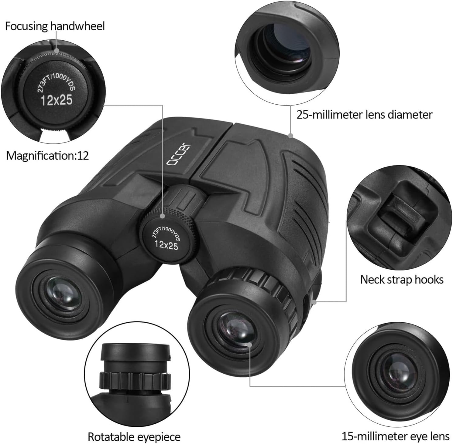 Occer 12x25 Compact Binoculars for Adults and Kids, Large Eyepiece Waterproof Binocular with Low Light Vision,High Powered Easy Focus Binoculars for Bird Watching,Outdoor Hunting,Travel,Sightseeing - Open Box