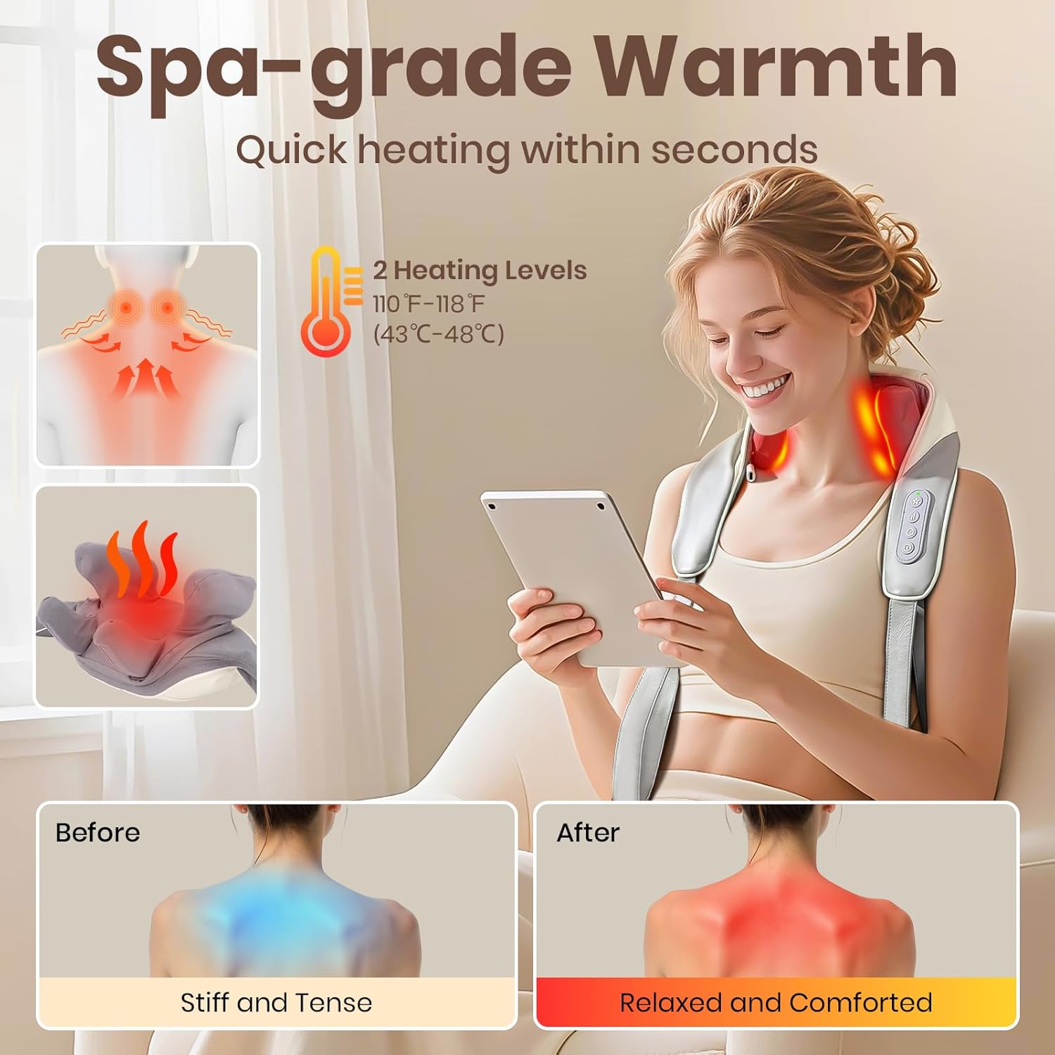 Neck and Shoulder Massager, Brushless Neck Massager with Heat, 10 Mins Auto-Off, 2 Modes & 3 Speeds, Ideal Gift for Friends Family Lover (Khaki)