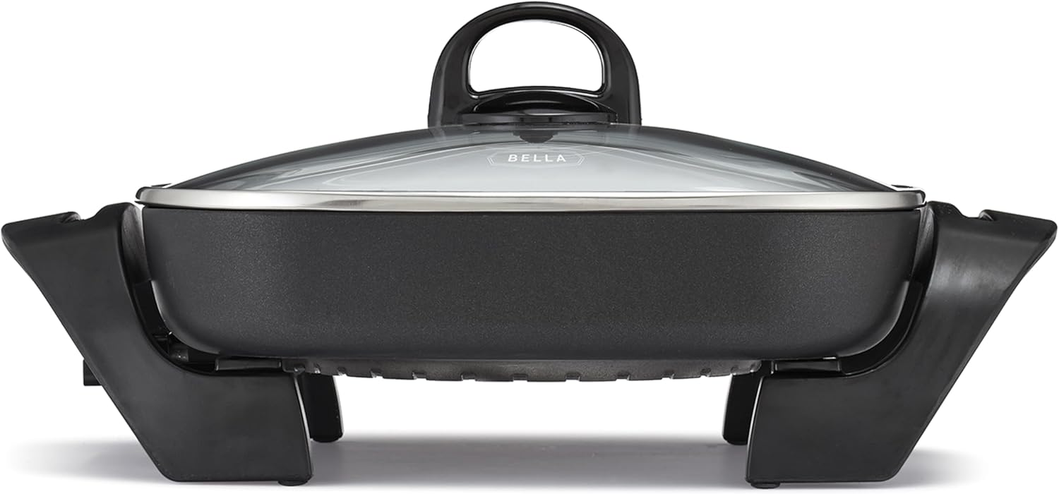 bella Electric Skillet and Frying Pan with Glass Lid, Nonstick Coating, Cool Touch Handles, Removable Heating Probe, Dishwasher Safe, 12 x 12 inch, Black, PFOA & PTFE Free