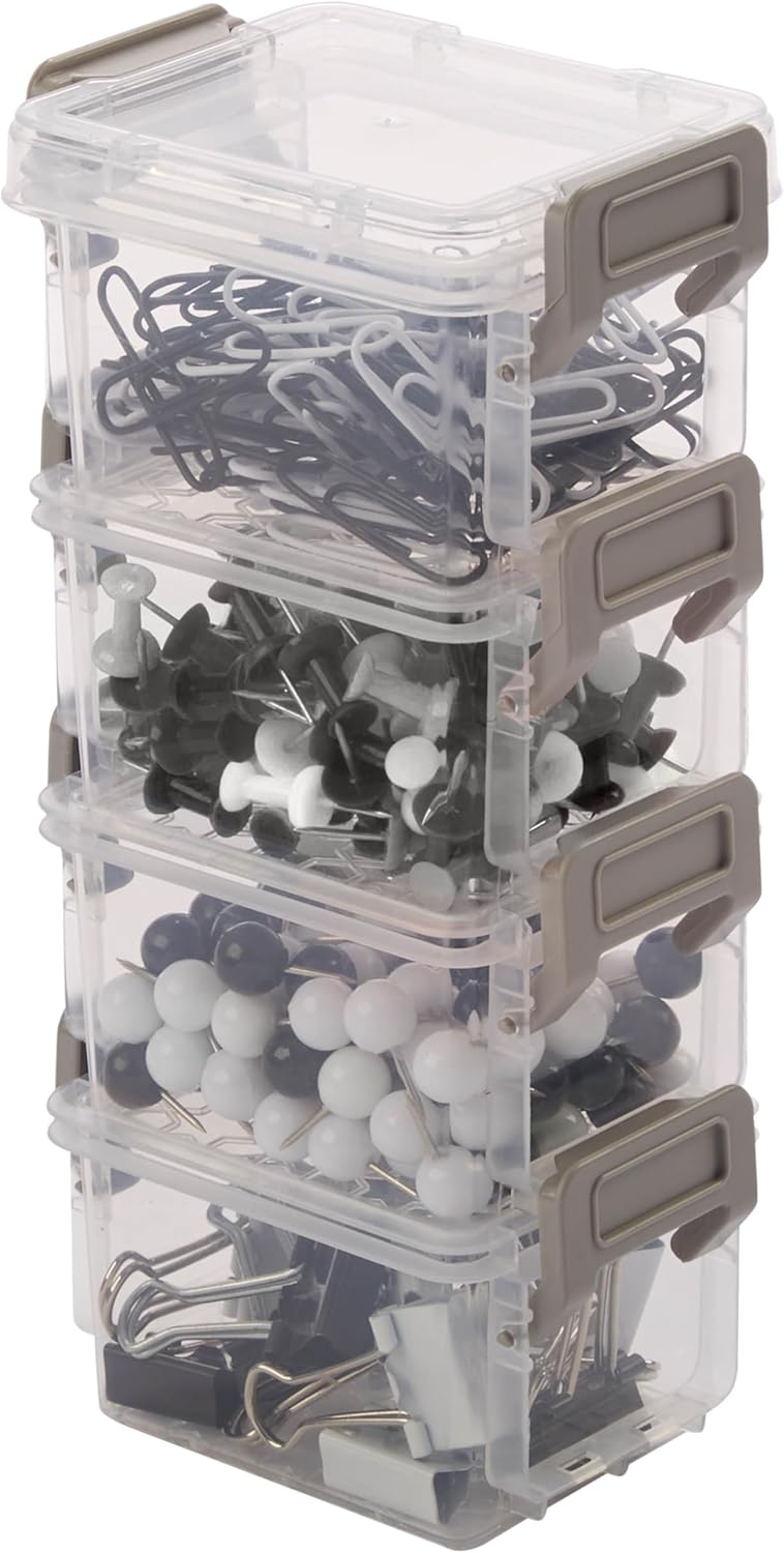 Simplify Storage Boxes| 4 Pack | 5oz | Stackable | Lockable Lid | Great for Office Accessories | Home Storage | Clear and Grey