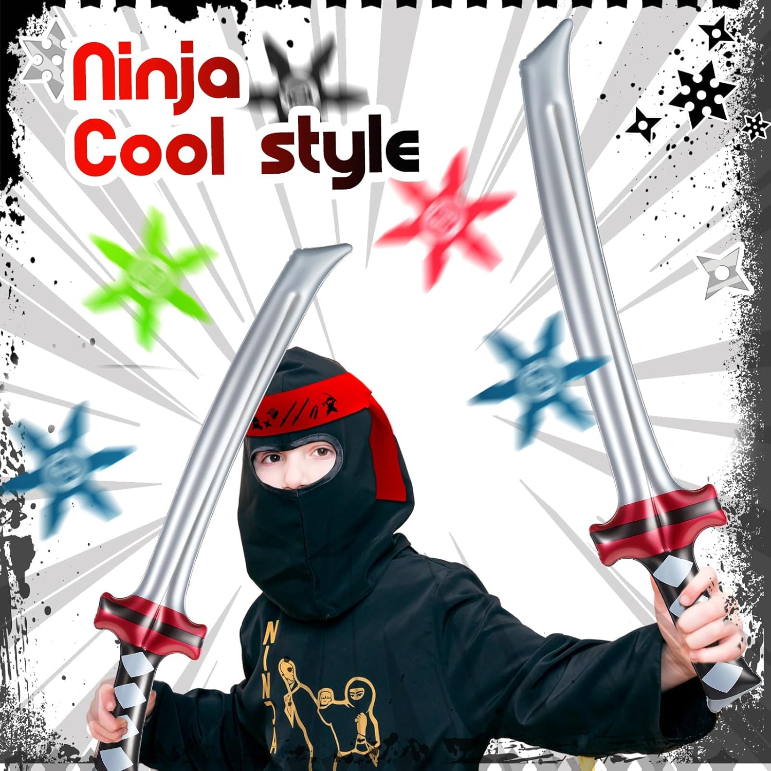 Deekin 48 Pcs Ninja Karate Party Favors Includes Inflatable Sword,Throwing Foam Star Toys,Karate Headbands for Ninja Theme Party Decorations Goodie Bag Fillers Gifts Boys Girls Costume Accessories - Open Box