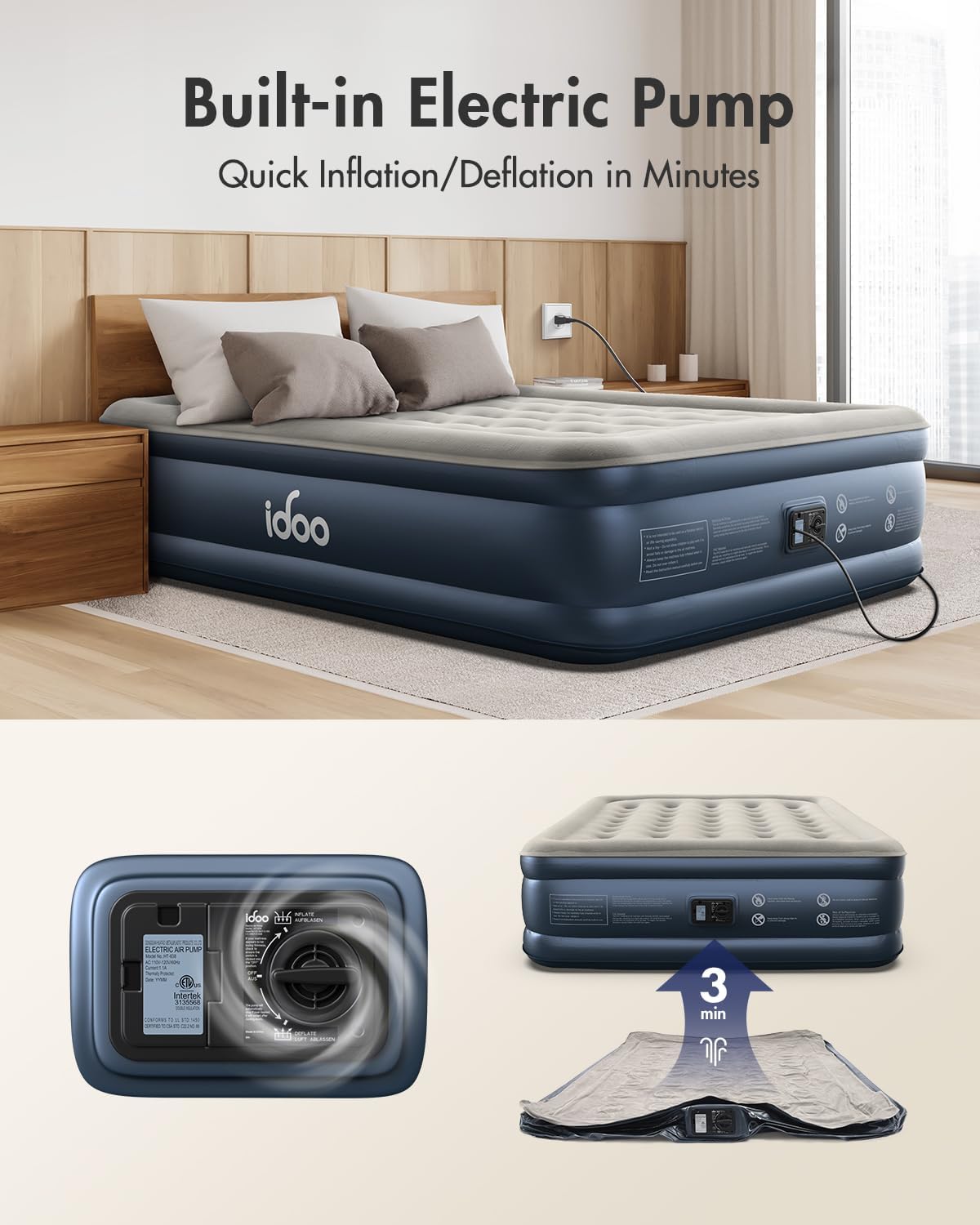 iDOO Queen Air Mattress with Built in Pump, 18 Raised Comfort Inflatable Blow up Mattress, Upgraded Four Chamber Portable Air Bed for Camping, Guests and Home, Colchon Inflable, 650 lbs Max - Open Box