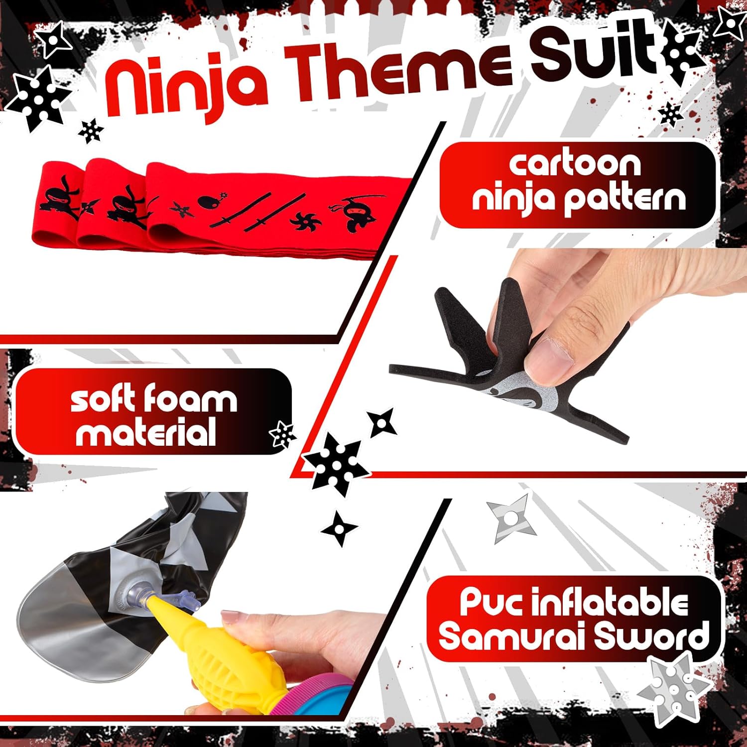 Deekin 48 Pcs Ninja Karate Party Favors Includes Inflatable Sword,Throwing Foam Star Toys,Karate Headbands for Ninja Theme Party Decorations Goodie Bag Fillers Gifts Boys Girls Costume Accessories - Open Box