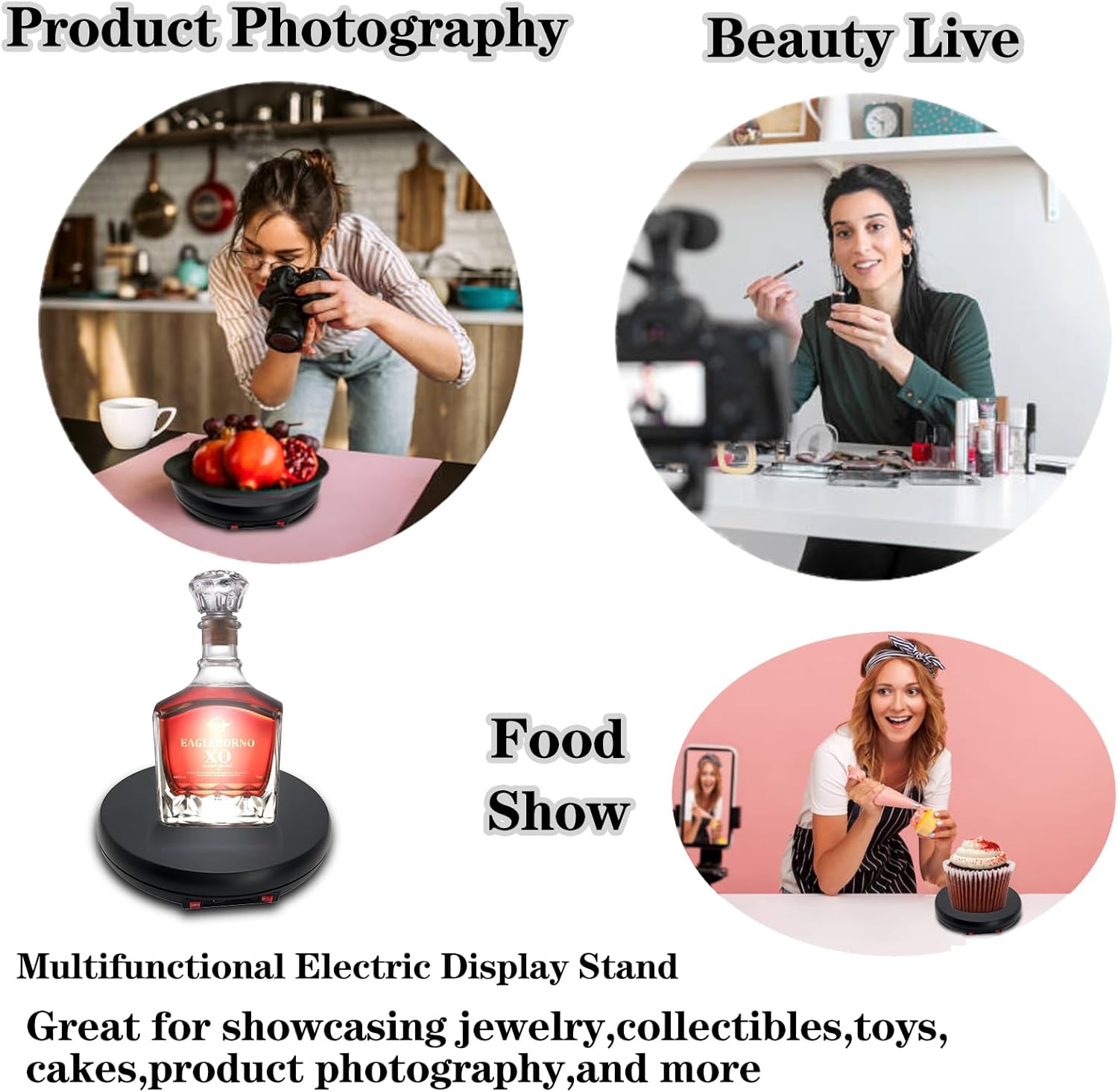 JAYEGT Motorized Rotating Display Stand with LED Light , 10 inch /55lbs Load, 360 Degree Electronic Photography Turntable for Product Show, Jewelry, Crystal Art (Black / 5 Colors LED Light /Rechargeable - Open Box