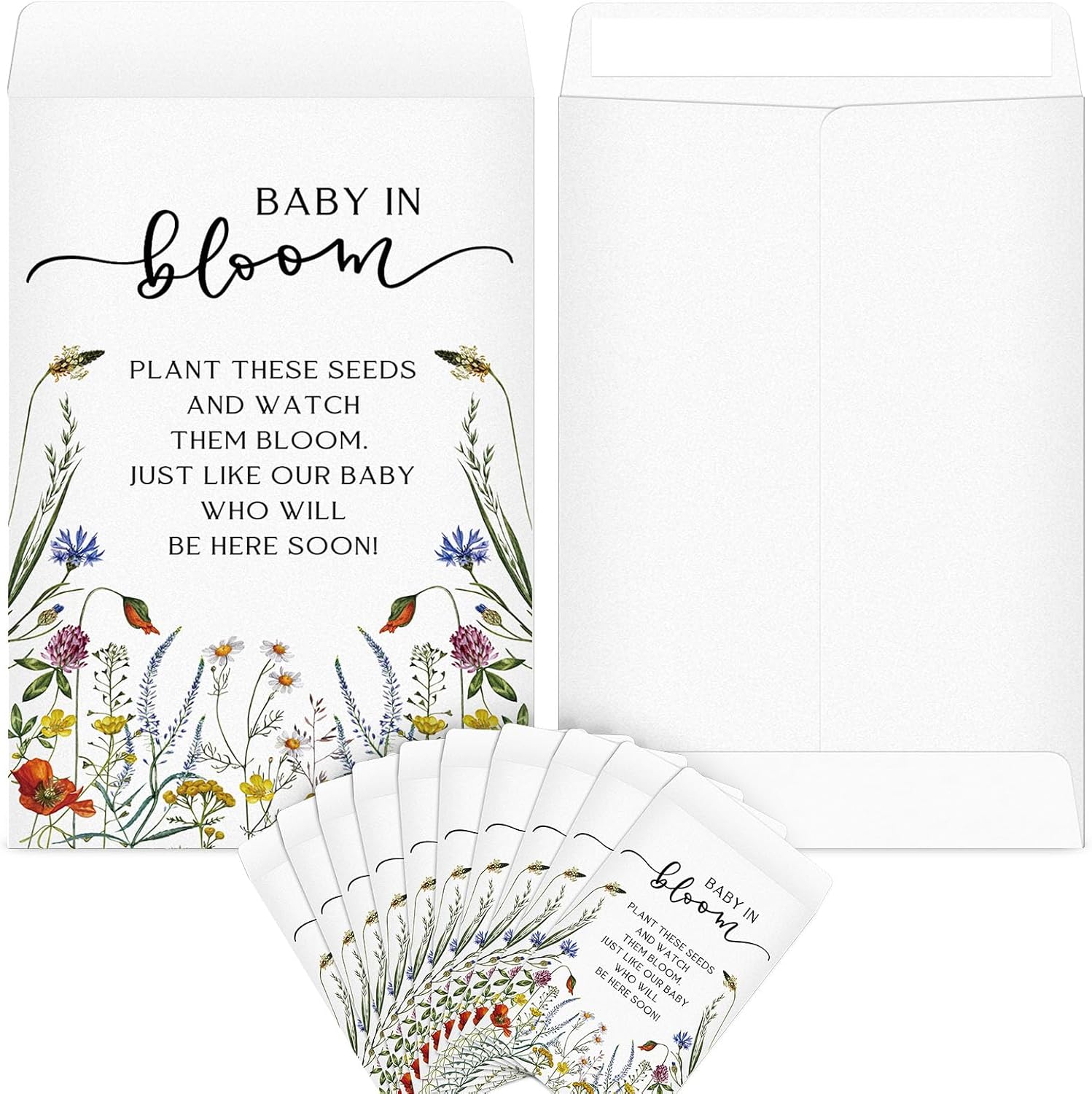 Fumete 100 Pcs Baby in Bloom Seed Packet Favors Wildflower Baby Shower Self Adhesive Envelopes for Guests Flower Packet Kraft Mini Organizer Decorations for Party Gift Favors, No Seeds (Wildflower) - Open Box