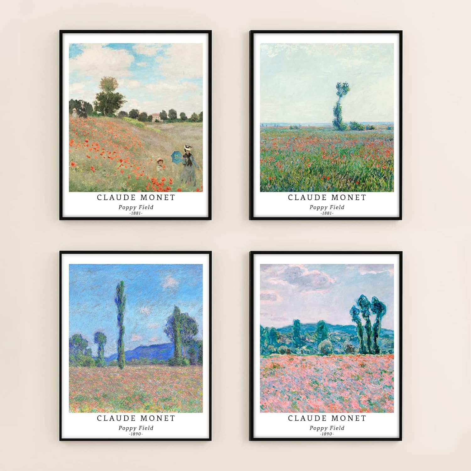Berkin Arts Wall Art Unframed Prints Giclee Art Paper Set of 4, 8x10 inch Landscape Artwork, Office Decoration Elegant Spring Scenery Tree Minimalist Cloud Fashion Poppy Field Claude Monet Paintings - Open Box