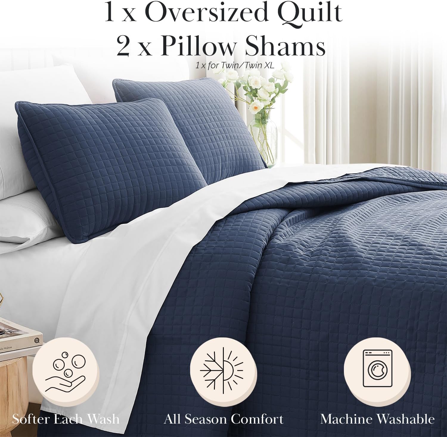 Southshore Fine Living, Inc. Twin Quilt Bedding Set, Soft Microfiber Summer Bedspread Coverlet, Stain and Pet Hair Resistant Bedding, Machine Washable Twin/XL Quilt Set with 1 Pillow Sham, Dark Blue - Open Box