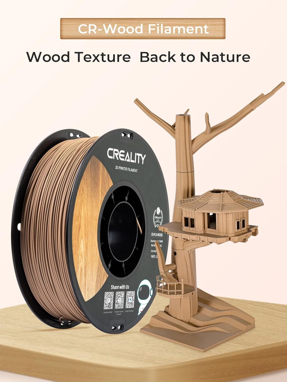 Creality Wood Filament PLA, 3D Printer Filament 1.75 mm, Smooth Silk Texture, Toughness, 1kg(2.2lbs)/Spool Printing Filament, for All Printers (Wood)